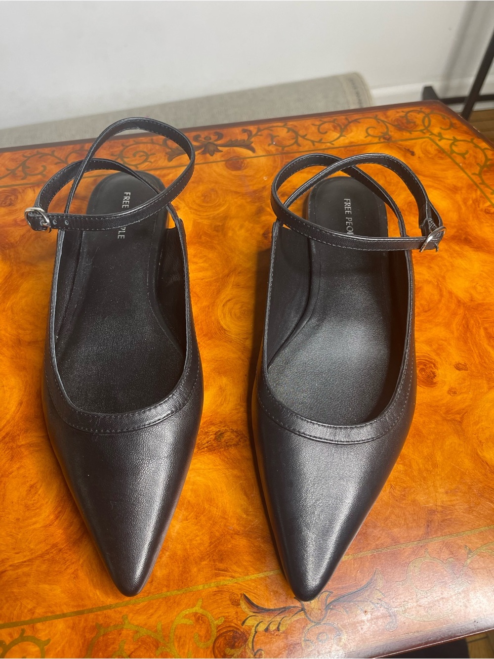 Free People Black Pointed-Toe Ankle-Strap Flats